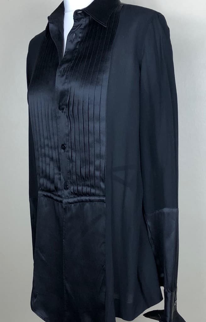 JEAN-PAUL GAULTIER Vintage Couture Smoking Shirt Black Silk Pleated - Image 4
