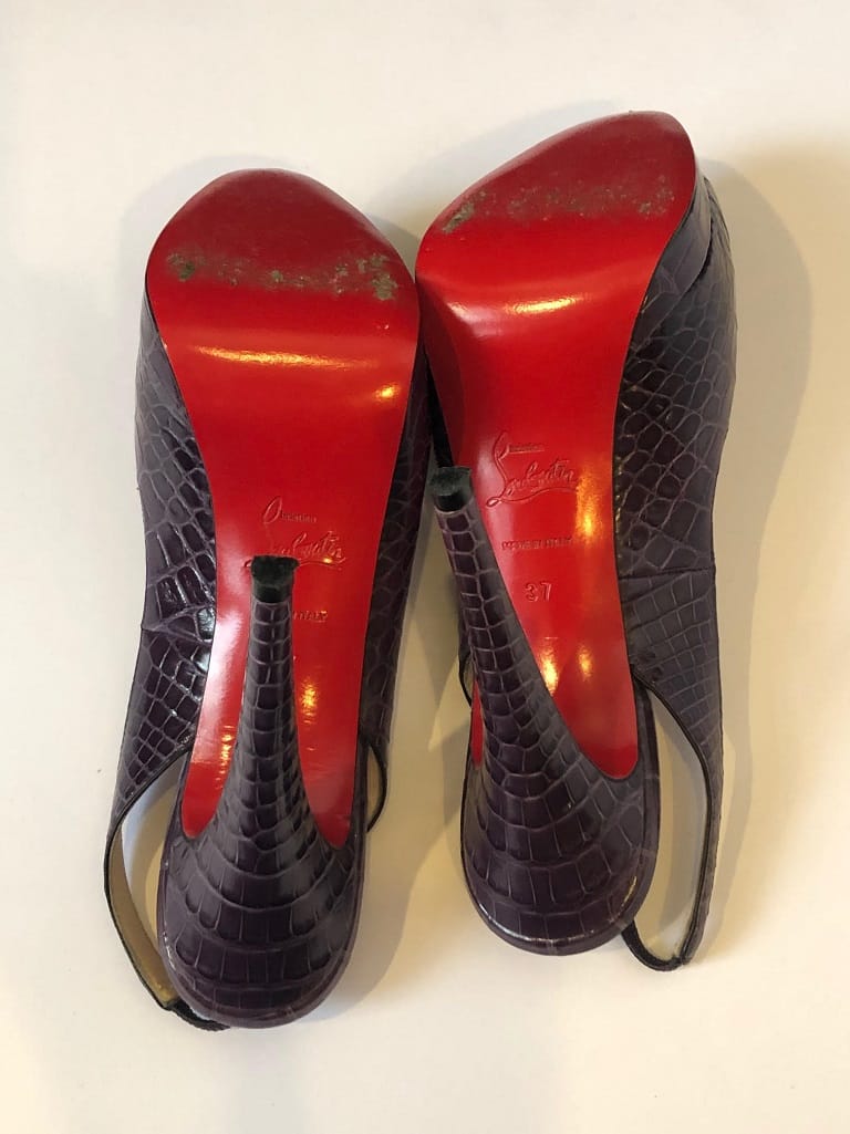 CHRISTIAN LOUBOUTIN Crocodile Purple Platform Toe Slingback High Heels Red Sole Sandals - Image 7