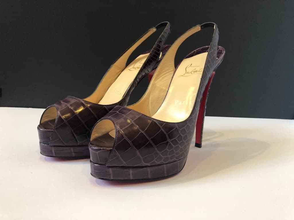 CHRISTIAN LOUBOUTIN Crocodile Purple Platform Toe Slingback High Heels Red Sole Sandals - Image 2