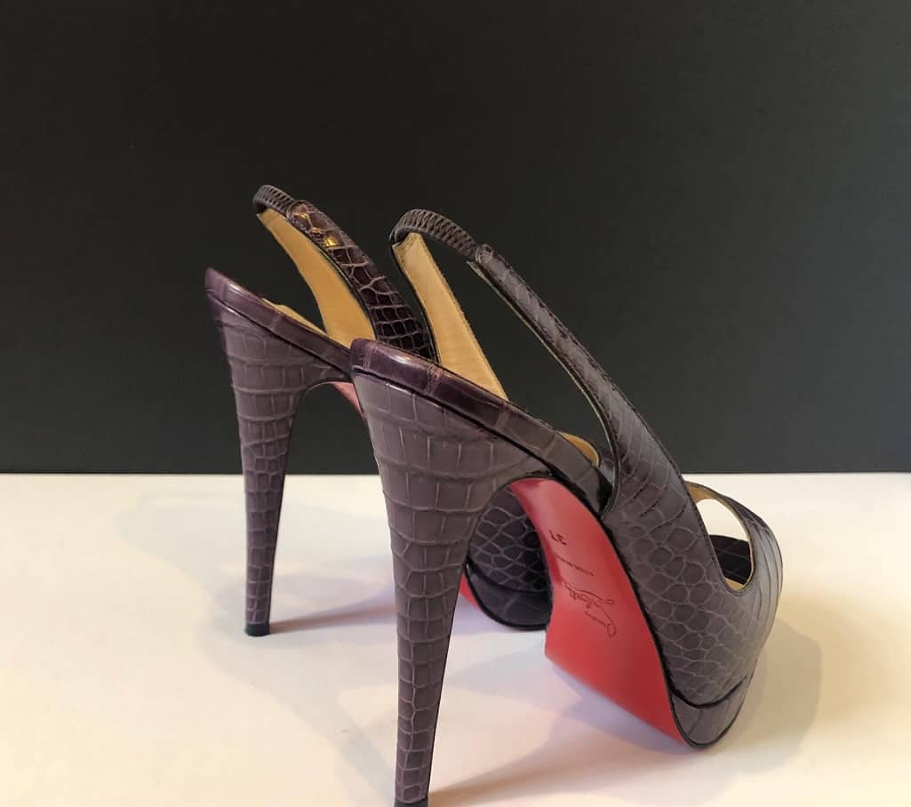 CHRISTIAN LOUBOUTIN Crocodile Purple Platform Toe Slingback High Heels Red Sole Sandals - Image 5
