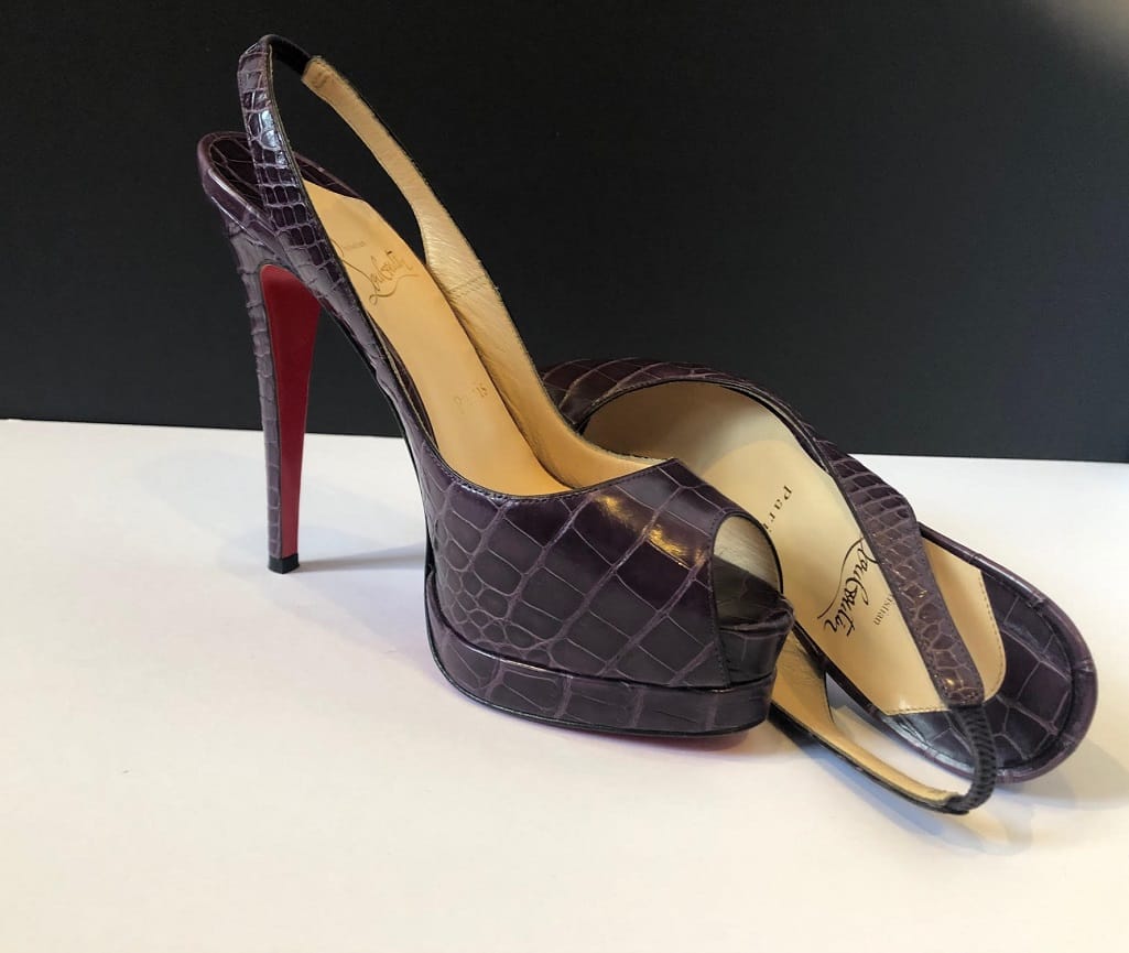 CHRISTIAN LOUBOUTIN Crocodile Purple Platform Toe Slingback High Heels Red Sole Sandals - Image 3