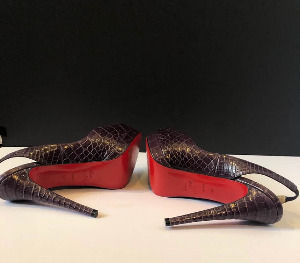 CHRISTIAN LOUBOUTIN Crocodile Purple Platform Toe Slingback High Heels Red Sole Sandals - Image 8