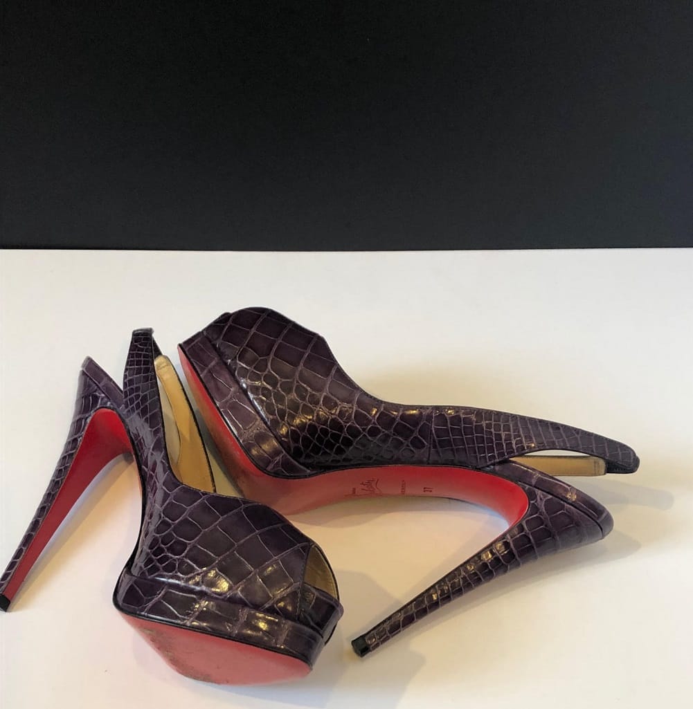 CHRISTIAN LOUBOUTIN Crocodile Purple Platform Toe Slingback High Heels Red Sole Sandals - Image 6
