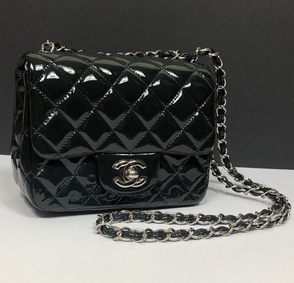 CHANEL Mini Classic Flap Charcoal Patent Quilted Bag - Image 5