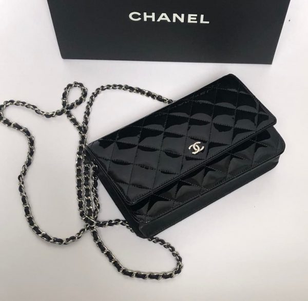 CHANEL Black Quilted Patent Leather Flap Shoulder Wallet On Chain WOC Bag