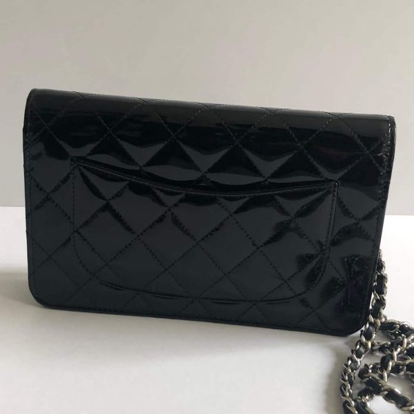 CHANEL Black Quilted Patent Leather Flap Shoulder Wallet On Chain WOC Bag - Image 4