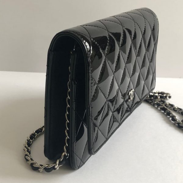 CHANEL Black Quilted Patent Leather Flap Shoulder Wallet On Chain WOC Bag - Image 5