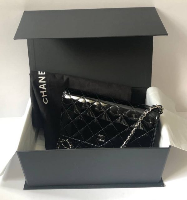 CHANEL Black Quilted Patent Leather Flap Shoulder Wallet On Chain WOC Bag - Image 7