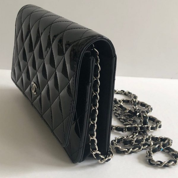 CHANEL Black Quilted Patent Leather Flap Shoulder Wallet On Chain WOC Bag - Image 6
