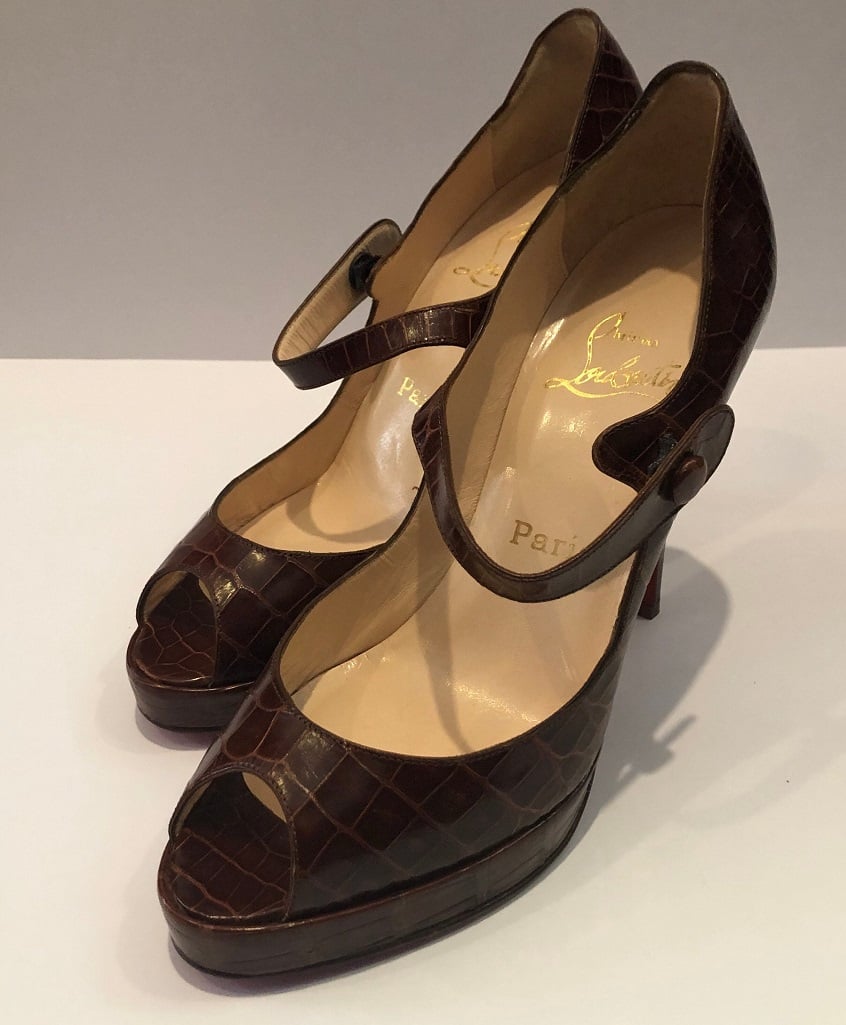 CHRISTIAN LOUBOUTIN Brown Crocodile Red Sole Slingback Peep Toe Strap Shoes - Image 2