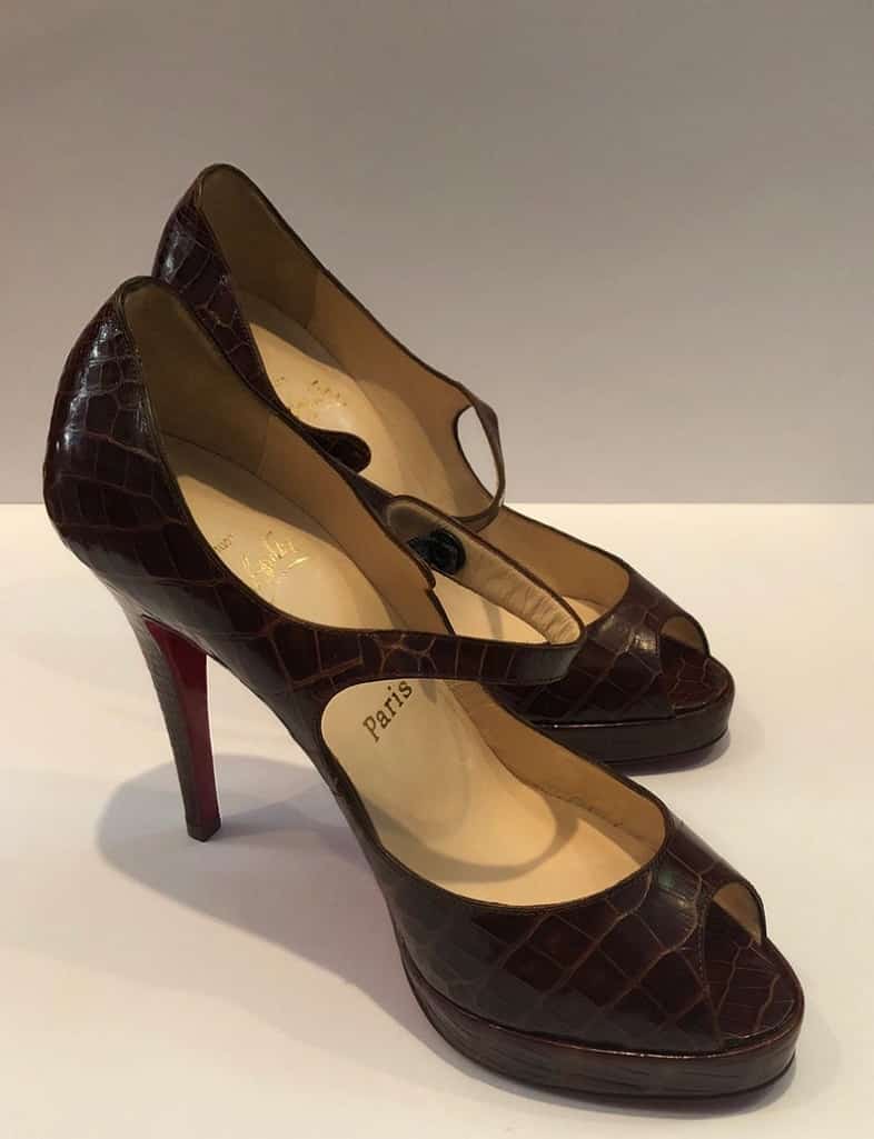 CHRISTIAN LOUBOUTIN Brown Crocodile Red Sole Slingback Peep Toe Strap Shoes - Image 3