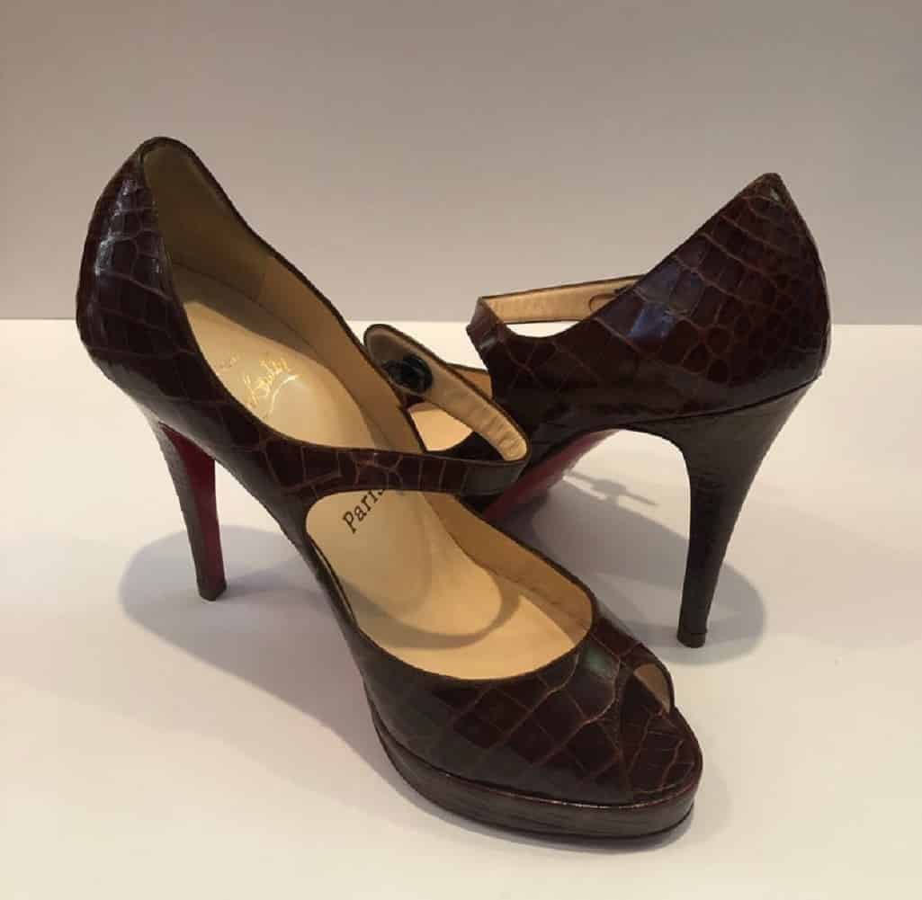 CHRISTIAN LOUBOUTIN Brown Crocodile Red Sole Slingback Peep Toe Strap Shoes