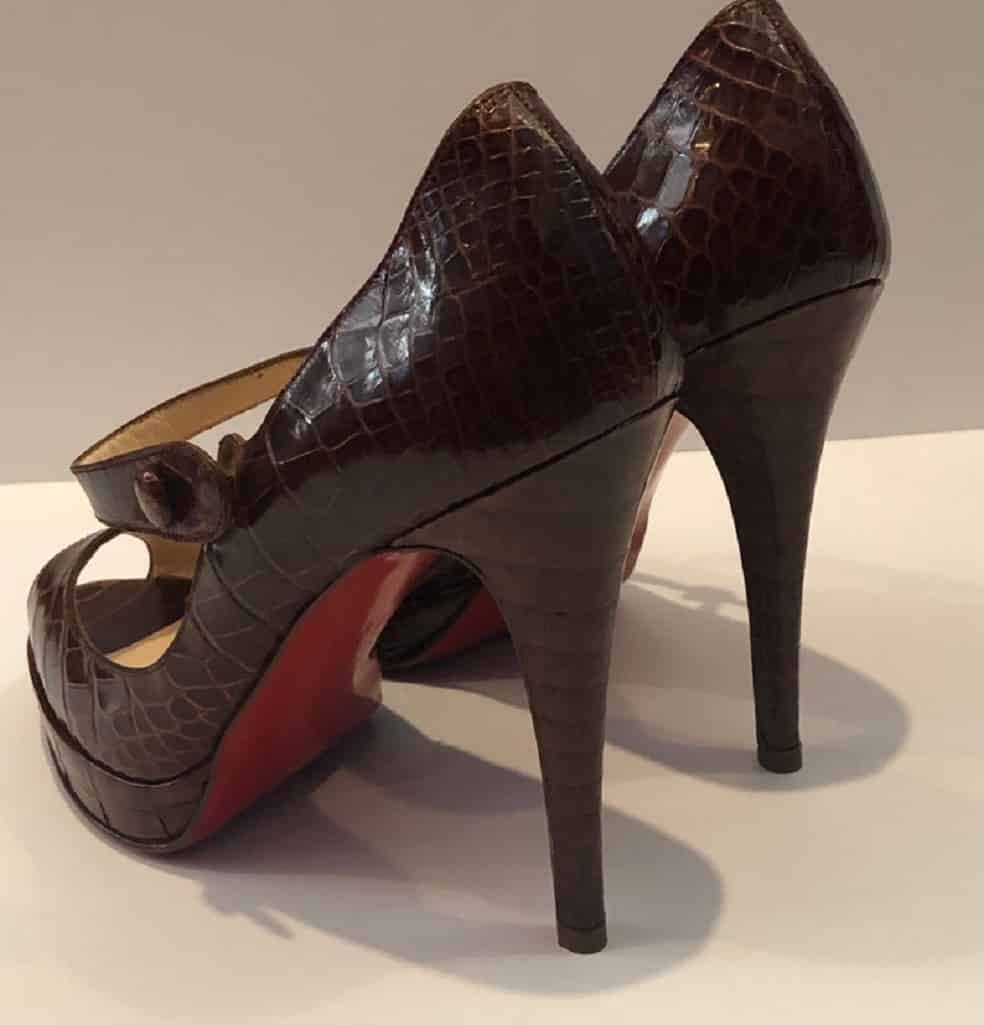 CHRISTIAN LOUBOUTIN Brown Crocodile Red Sole Slingback Peep Toe Strap Shoes - Image 4
