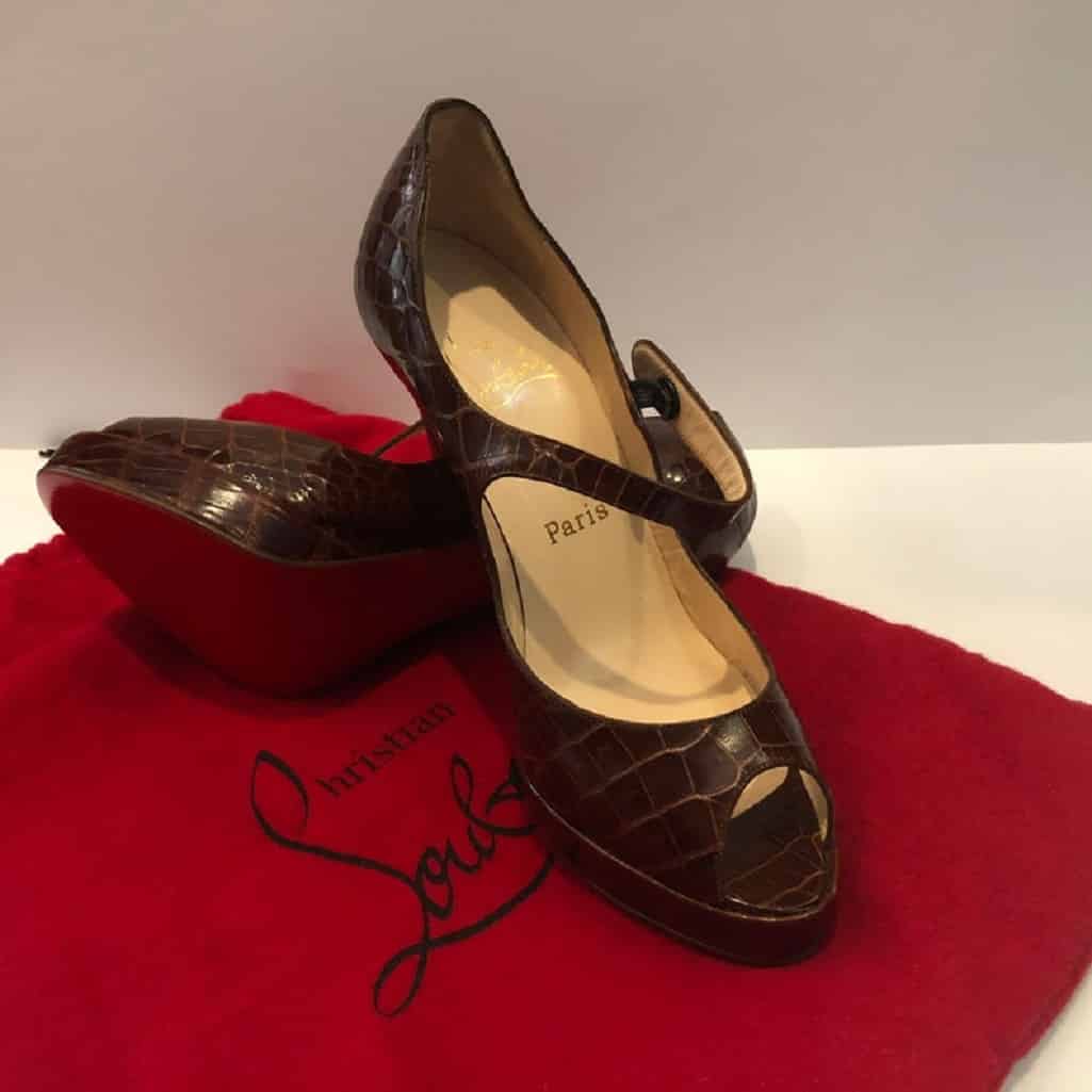 CHRISTIAN LOUBOUTIN Brown Crocodile Red Sole Slingback Peep Toe Strap Shoes - Image 5