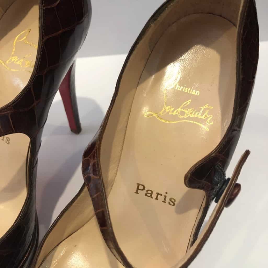 CHRISTIAN LOUBOUTIN Brown Crocodile Red Sole Slingback Peep Toe Strap Shoes - Image 6