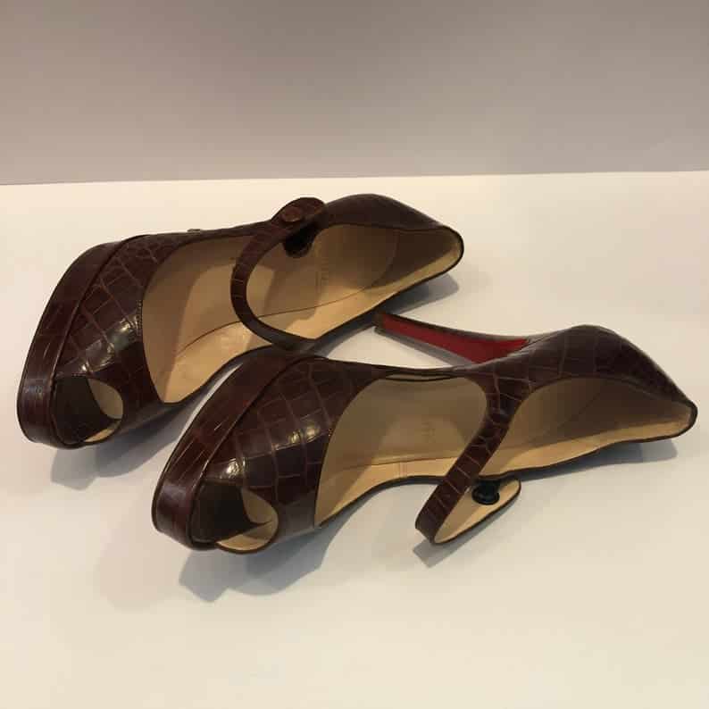 CHRISTIAN LOUBOUTIN Brown Crocodile Red Sole Slingback Peep Toe Strap Shoes - Image 7