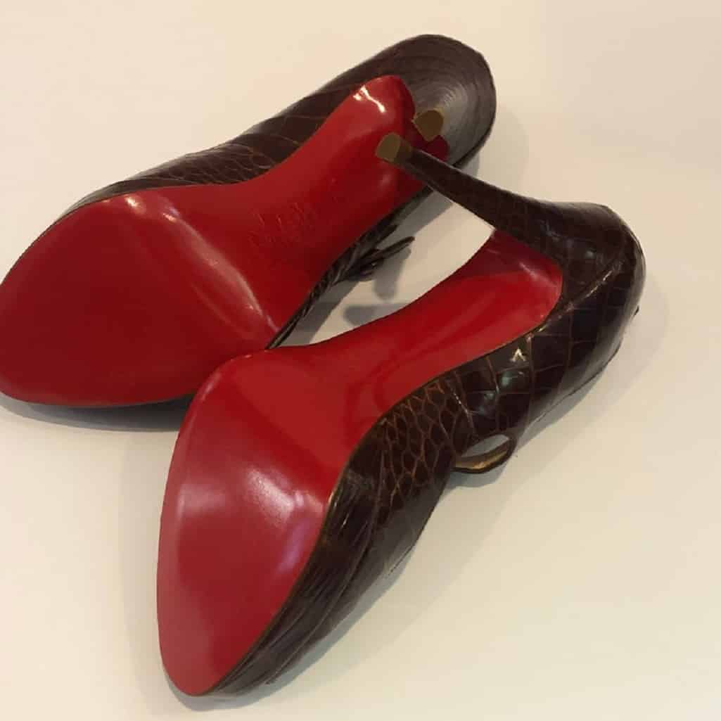 CHRISTIAN LOUBOUTIN Brown Crocodile Red Sole Slingback Peep Toe Strap Shoes - Image 8