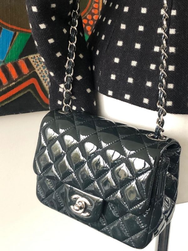 CHANEL Mini Classic Flap Charcoal Patent Quilted Bag - Image 3