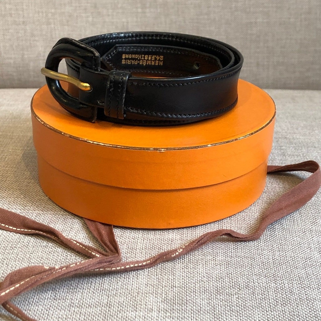 HERMÈS Belt Vintage Calfskin Leather Black Small Rare W/Box