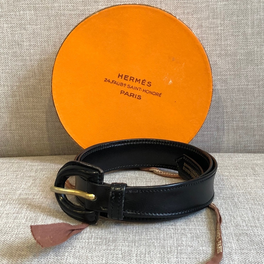 HERMÈS Belt Vintage Calfskin Leather Black Small Rare W/Box - Image 3