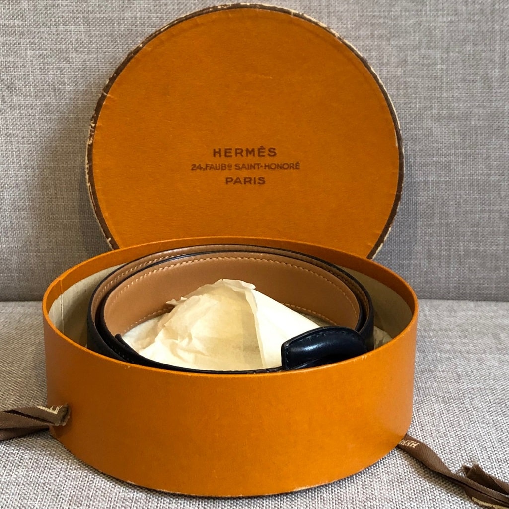 HERMÈS Belt Vintage Calfskin Navy Blue Leather Small Rare W/Box