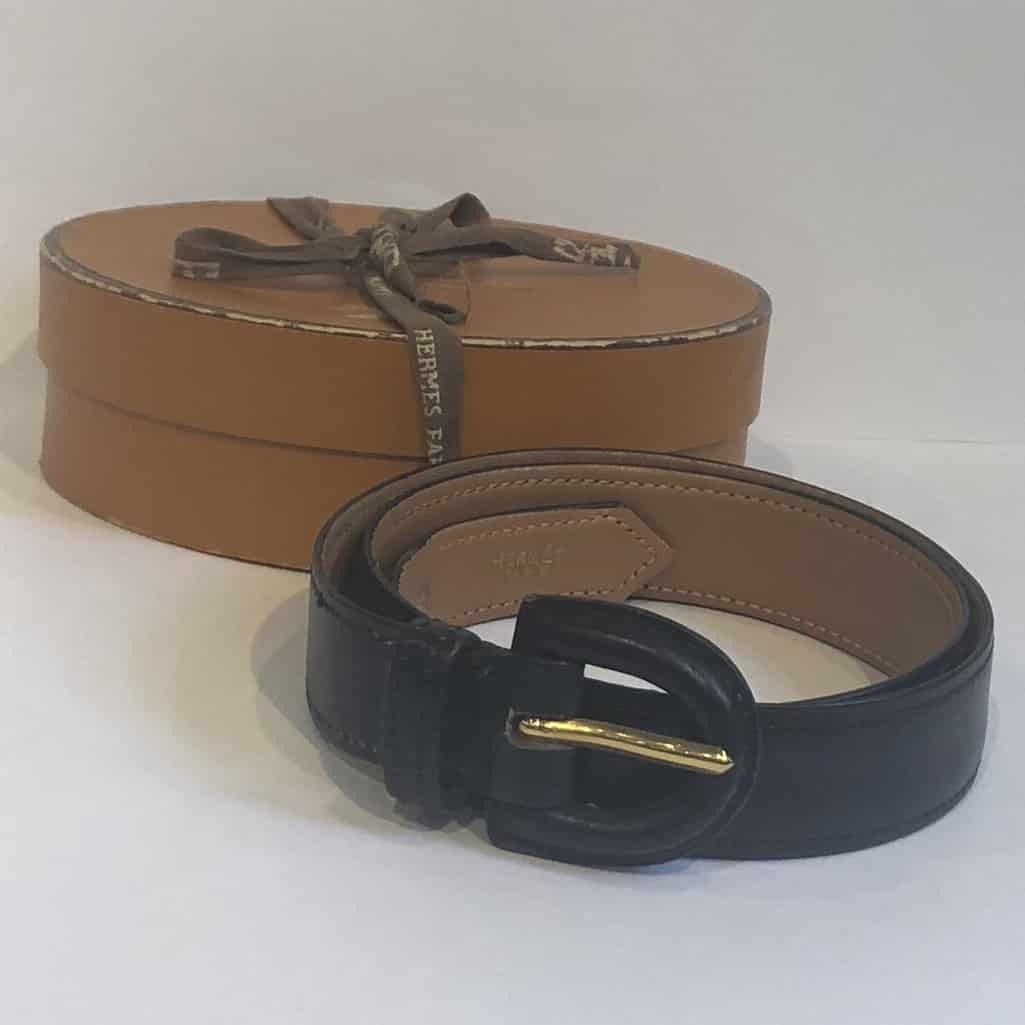 HERMÈS Belt Vintage Calfskin Navy Blue Leather Small Rare W/Box - Image 5