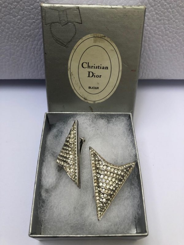 CHRISTIAN DIOR Vintage Arrow Crystal Art Deco Clip-On Earrings 1980s - Image 9