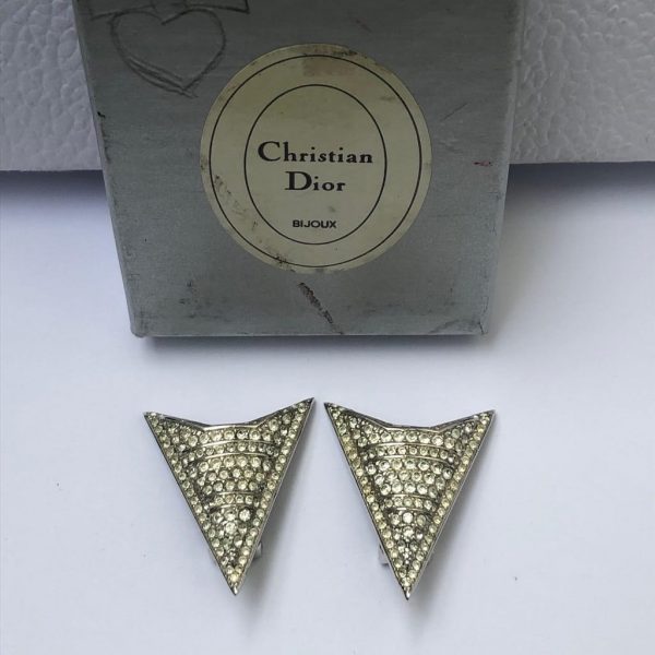 CHRISTIAN DIOR Vintage Arrow Crystal Art Deco Clip-On Earrings 1980s