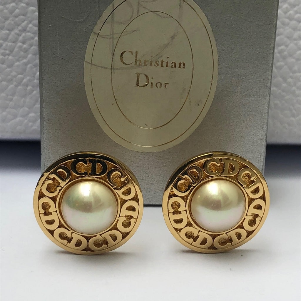 CHRISTIAN DIOR Vintage CD Round Pearl Gold Tone Clip-On Earrings 1980s