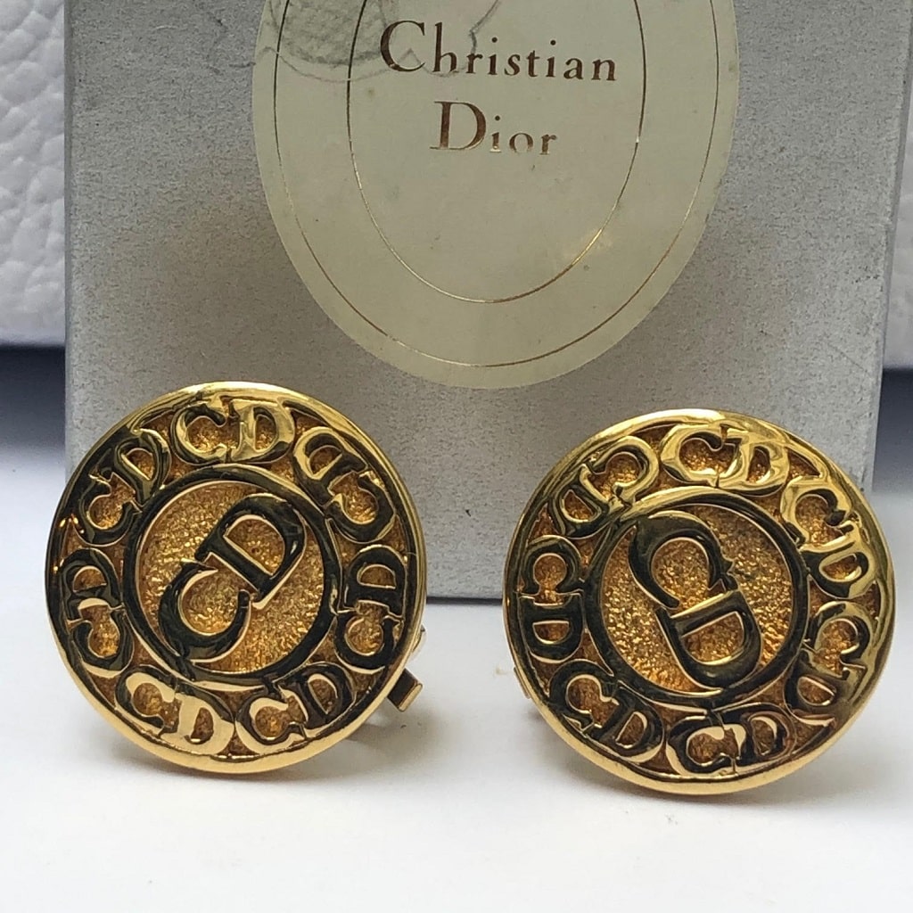 CHRISTIAN DIOR Vintage Round CD Monogram Gold Tone Clip-On Earrings 1980s