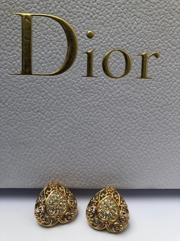 CHRISTIAN DIOR Vintage Heart Crystal Gold Tone Clip-On Earrings 1980s - Image 3