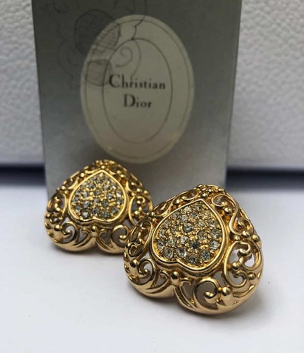 CHRISTIAN DIOR Vintage Heart Crystal Gold Tone Clip-On Earrings 1980s