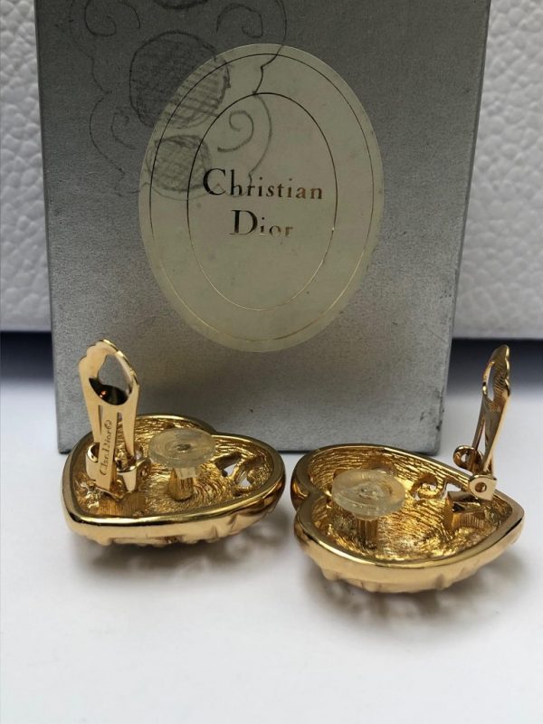 CHRISTIAN DIOR Vintage Heart Crystal Gold Tone Clip-On Earrings 1980s - Image 5