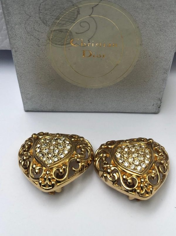 CHRISTIAN DIOR Vintage Heart Crystal Gold Tone Clip-On Earrings 1980s - Image 2