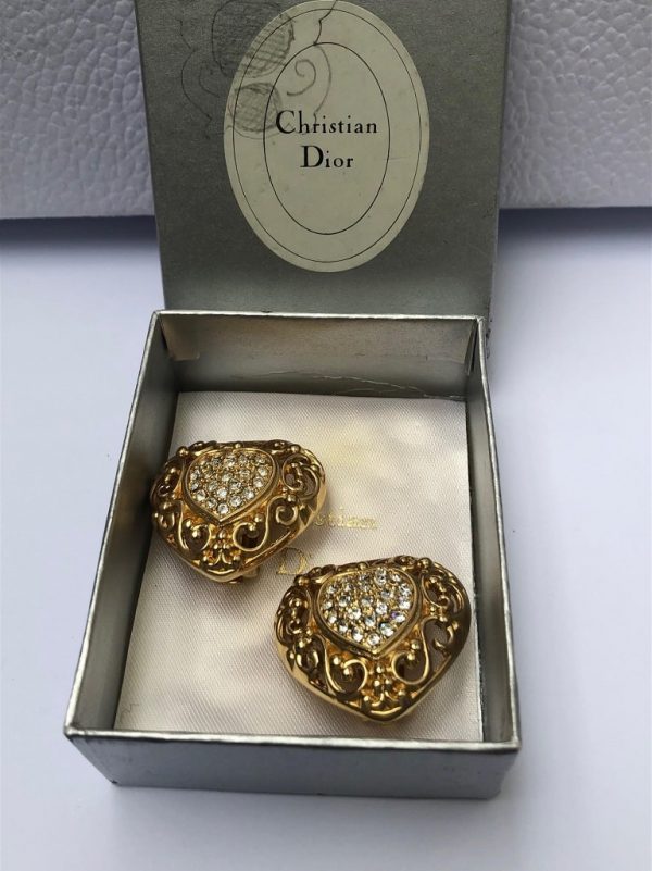 CHRISTIAN DIOR Vintage Heart Crystal Gold Tone Clip-On Earrings 1980s - Image 4