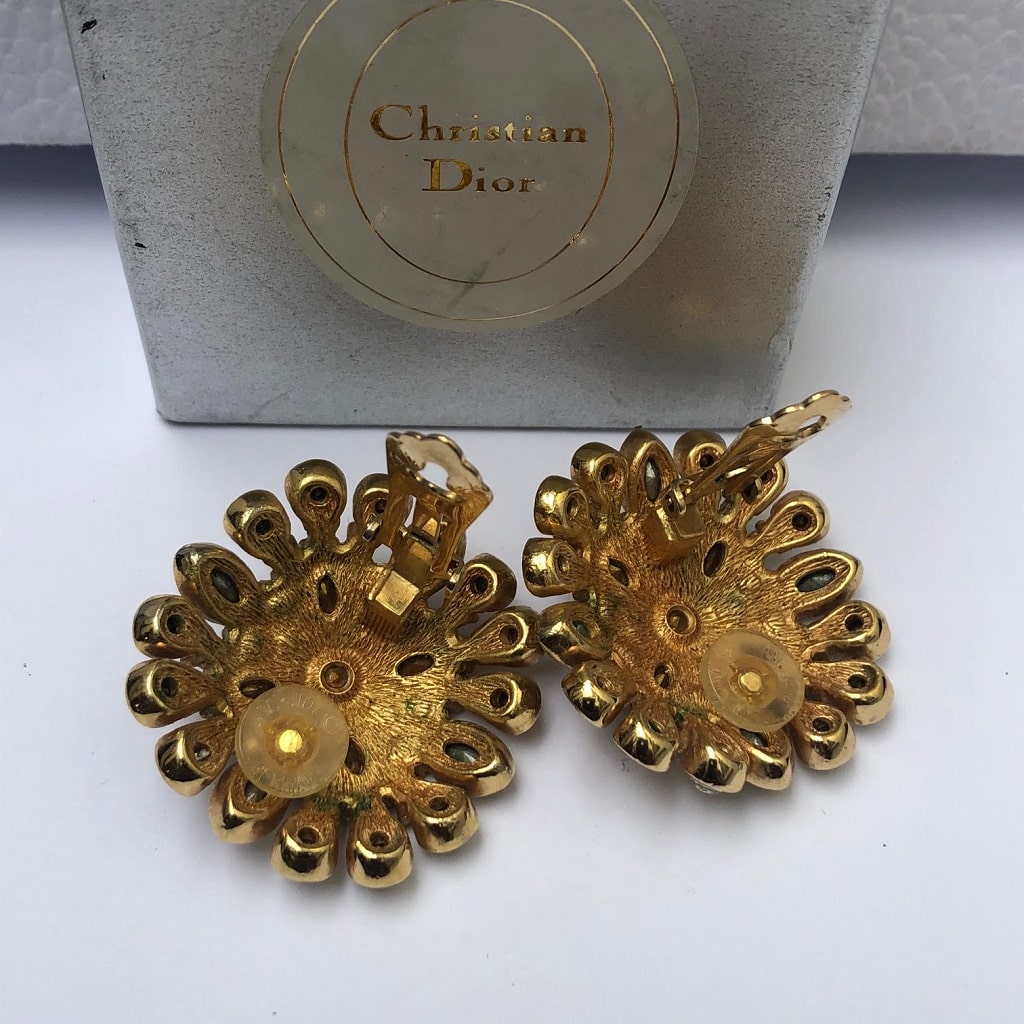 CHRISTIAN DIOR Vintage Round Flower Crystal Gold Tone Clip-On Earrings 1980s - Image 6