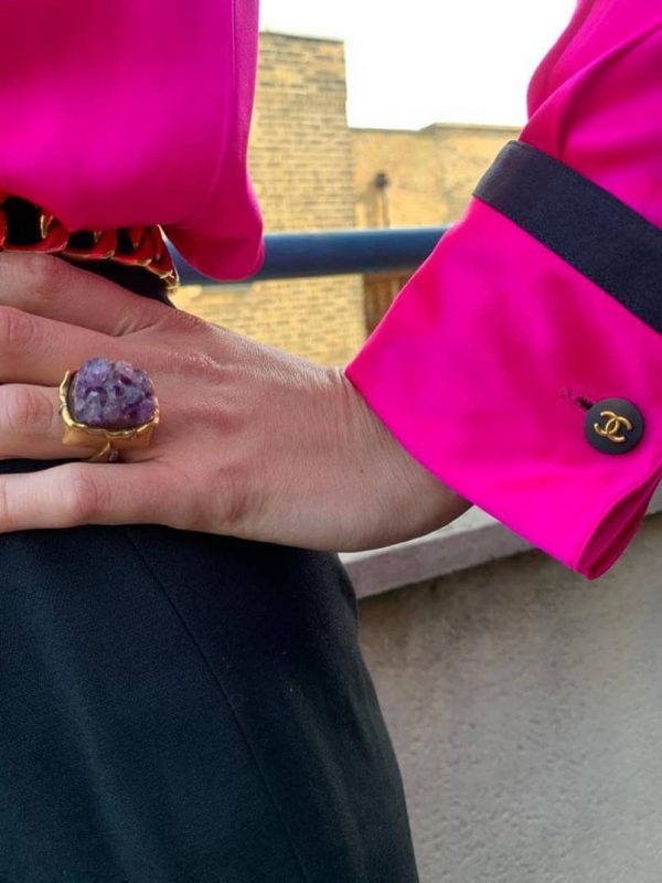 18K Ring Gold Amethyst Rock Retro Vintage Square Rare