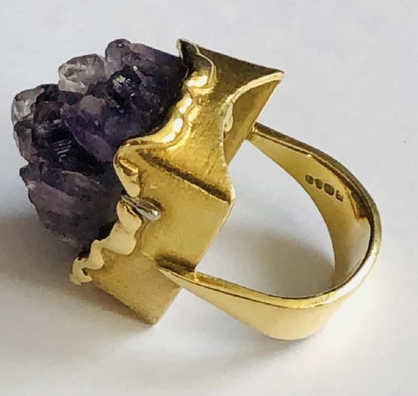 18K Ring Gold Amethyst Rock Retro Vintage Square Rare - Image 4