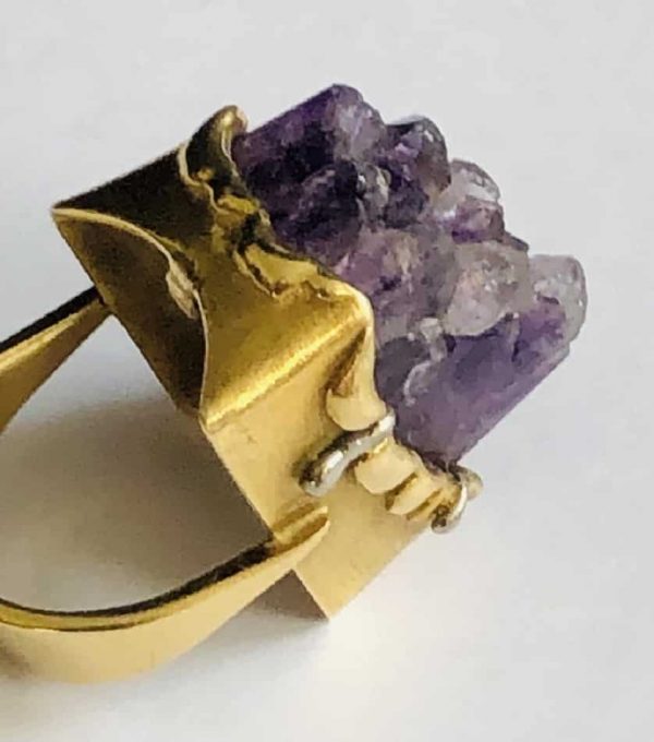 18K Ring Gold Amethyst Rock Retro Vintage Square Rare - Image 5