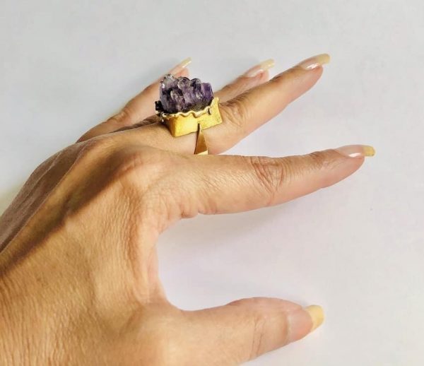 18K Ring Gold Amethyst Rock Retro Vintage Square Rare - Image 7