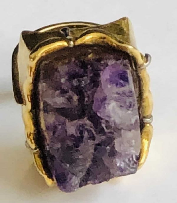 18K Ring Gold Amethyst Rock Retro Vintage Square Rare - Image 2