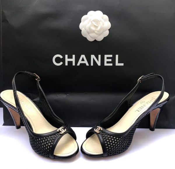 CHANEL Slingback Pumps CC Logo Pearls Black