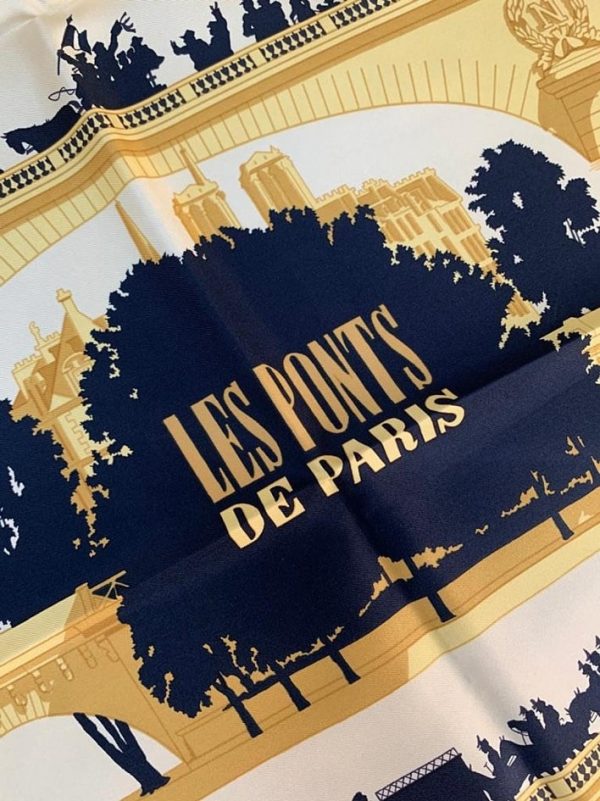 HERMÈS Scarf Les Ponts de Paris Silk Black and Gold W/Box Pristine Condition - Image 7