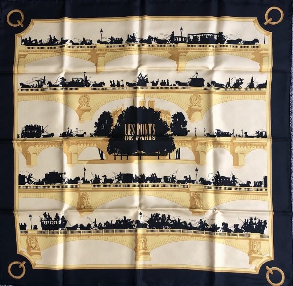 HERMÈS Scarf Les Ponts de Paris Silk Black and Gold W/Box Pristine Condition - Image 2