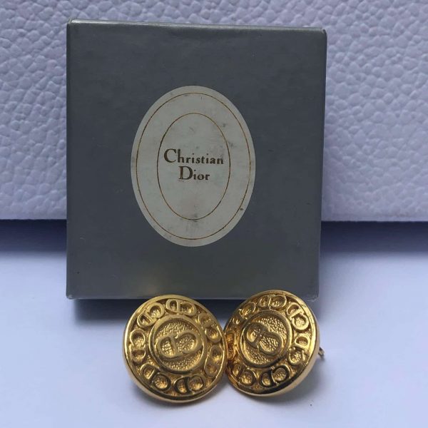 CHRISTIAN DIOR Vintage Small Round CD Monogram Gold Tone Clip-On Earrings 1980s