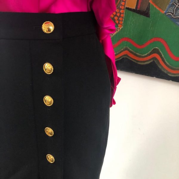 ESCADA Vintage Black Skirt Gold Jewel Buttons 1980s