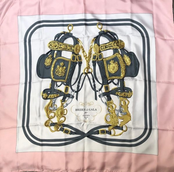 HERMÈS Scarf Brides de Gala Silk H Grygkar Pink Grey Gold W/Box - Image 4