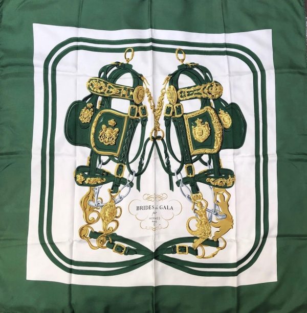 HERMÈS Scarf Brides de Gala Silk H Grygkar Racing Green Gold W/Box - Image 3