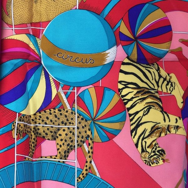 HERMÈS Scarf Circus Silk Annie Faivre 1982 Fuchsia Pink Multi W/Box - Image 4