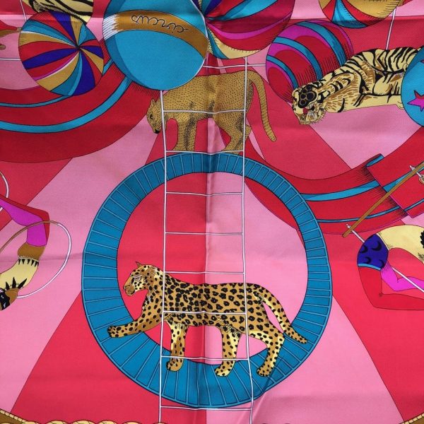 HERMÈS Scarf Circus Silk Annie Faivre 1982 Fuchsia Pink Multi W/Box - Image 3